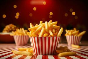 francés papas fritas en un retro cena cesta, conjunto en contra a cuadros fondo ai generado foto