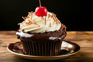 Luscious chocolate cupcake topped with a vibrant red cherry AI Generated photo