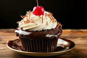 delicioso chocolate magdalena coronado con un vibrante rojo Cereza ai generado foto