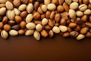 Light brown background adorned with nuts, leaving space for text AI Generated photo