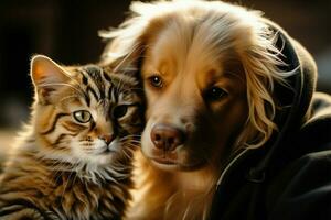 inocencia y alegría un sonriente perro y gatito enlace ai generado foto