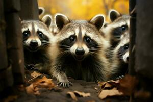Natures comedians funny raccoons in a bustling autumn forest AI Generated photo