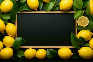 Lemon photo frame, vibrant yellow sides, set against a black background AI Generated