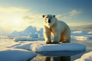 Majestic polar bear on an expansive ice floe, a stunning sight AI Generated photo