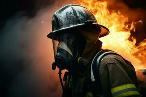 Firefighter in the thick of smoke, using a hose to combat fire AI Generated photo