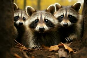 Natures comedians funny raccoons in a bustling autumn forest AI Generated photo