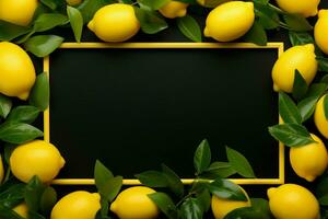 Lemon photo frame, vibrant yellow sides, set against a black background AI Generated