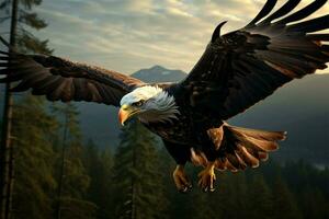 en vuelo, el real calvo águila extiende sus majestuoso alas ai generado foto