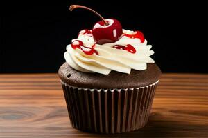 Luscious chocolate cupcake topped with a vibrant red cherry AI Generated photo