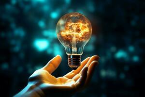 Dynamic energy flow hand reaches for a futuristic light bulb AI Generated photo