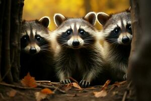 en medio de el árboles, gracioso mapaches animar arriba el otoño bosque ai generado foto