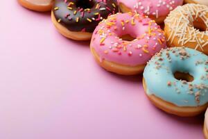 Donut variety showcased in a minimalist top view pattern with text space AI Generated photo