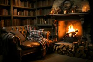 A vintage fireplace cozies up a countryside nook filled with books AI Generated photo