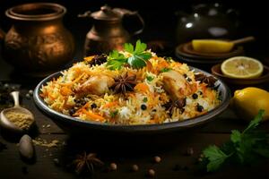 Delicious chicken biryani with a side of aromatic steamed basmati rice AI Generated photo