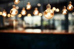 Blurred cafe scene with an artistic background of hanging light bulbs AI Generated photo