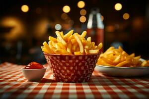 francés papas fritas en un retro cena cesta, conjunto en contra a cuadros fondo ai generado foto