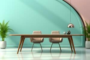 Futuristic dining table positioned against a pastel wall with text space AI Generated photo