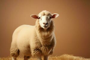 Graceful Dorper sheep against a light brown background with text area AI Generated photo