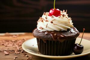 Chocolate cupcake with a delicious red cherry as its centerpiece AI Generated photo