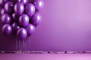 A purple theme balloons, background, and banner with text space AI Generated photo