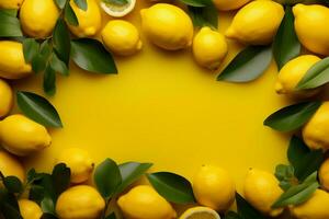 A picture frame crafted with lemons, soft yellow matte, vibrant AI Generated photo