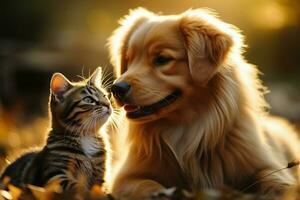 A purebred dog shares a playful moment with a smiling kitten AI Generated photo