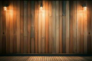 A wooden wall gains prominence with the spotlights illumination AI Generated photo