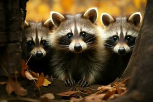 en medio de el árboles, gracioso mapaches animar arriba el otoño bosque ai generado foto