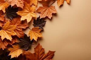otoño hojas en un parte superior abajo modelo en un suave marrón antecedentes ai generado foto