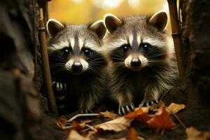 otoño bosque pulula con gracioso mapaches, un bullicioso animal mundo ai generado foto