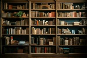 un abundante colección de antiguo pasado de moda libros en un masivo de madera estante para libros ai generado foto