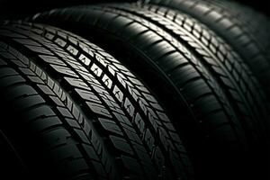 Abstract background stacked car tires with various tread patterns AI Generated photo