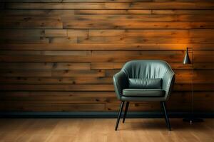 A modern chair positioned against a textured wooden wall backdrop AI Generated photo