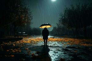 un solitario individual busca refugio desde el lluvia debajo un paraguas ai generado foto