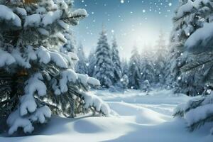 Snowy fir trees set the scene for a themed winter background AI Generated photo