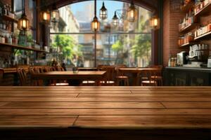 A brown table with a charming coffee shop in the backdrop AI Generated photo