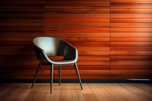 A modern chair positioned against a textured wooden wall backdrop AI Generated photo