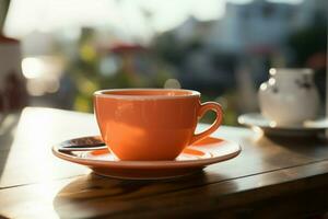 A moment of calm with an orange coffee cup on a table AI Generated photo