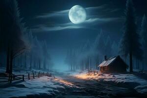 Spooky winter night with moonlight illuminating the chilling frozen woods AI Generated photo