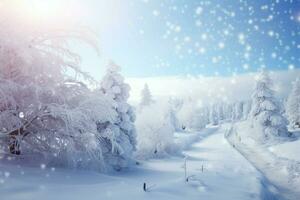 invierno paisaje adornado con escarcha, presentando arboles y un Nevado cerca ai generado foto