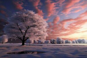 Winters sky paints a serene backdrop in the landscape scene AI Generated photo