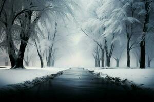 inviernos tranquilidad un Nevado la carretera en medio de un antiguo bosques negro siluetas ai generado foto