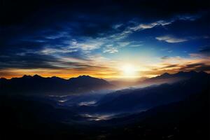 The mountains don a serene blue cloak in the evenings twilight AI Generated photo