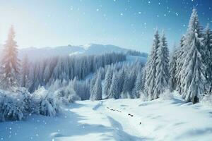 Ukraines Winter Carpathian wonderland, with countless majestic fir trees AI Generated photo