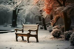 de madera silla en medio de un tranquilo invierno jardín con un borroso fondo ai generado foto