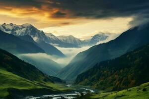 Thick fog blankets the Caucasus Mountains, veiling the Goulet mountain pass AI Generated photo