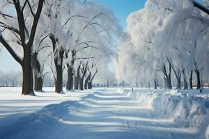 Urban park landscape snow laden trees provide text friendly background space AI Generated photo