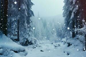 el cárpato bosque en invierno, con arboles congelado en Nevado serenidad ai generado foto