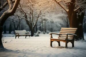 Wooden chair amid a tranquil winter garden with a blurred backdrop AI Generated photo