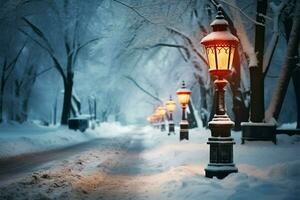 invierno calle escena con un Nevado la carretera y brillante farola ai generado foto